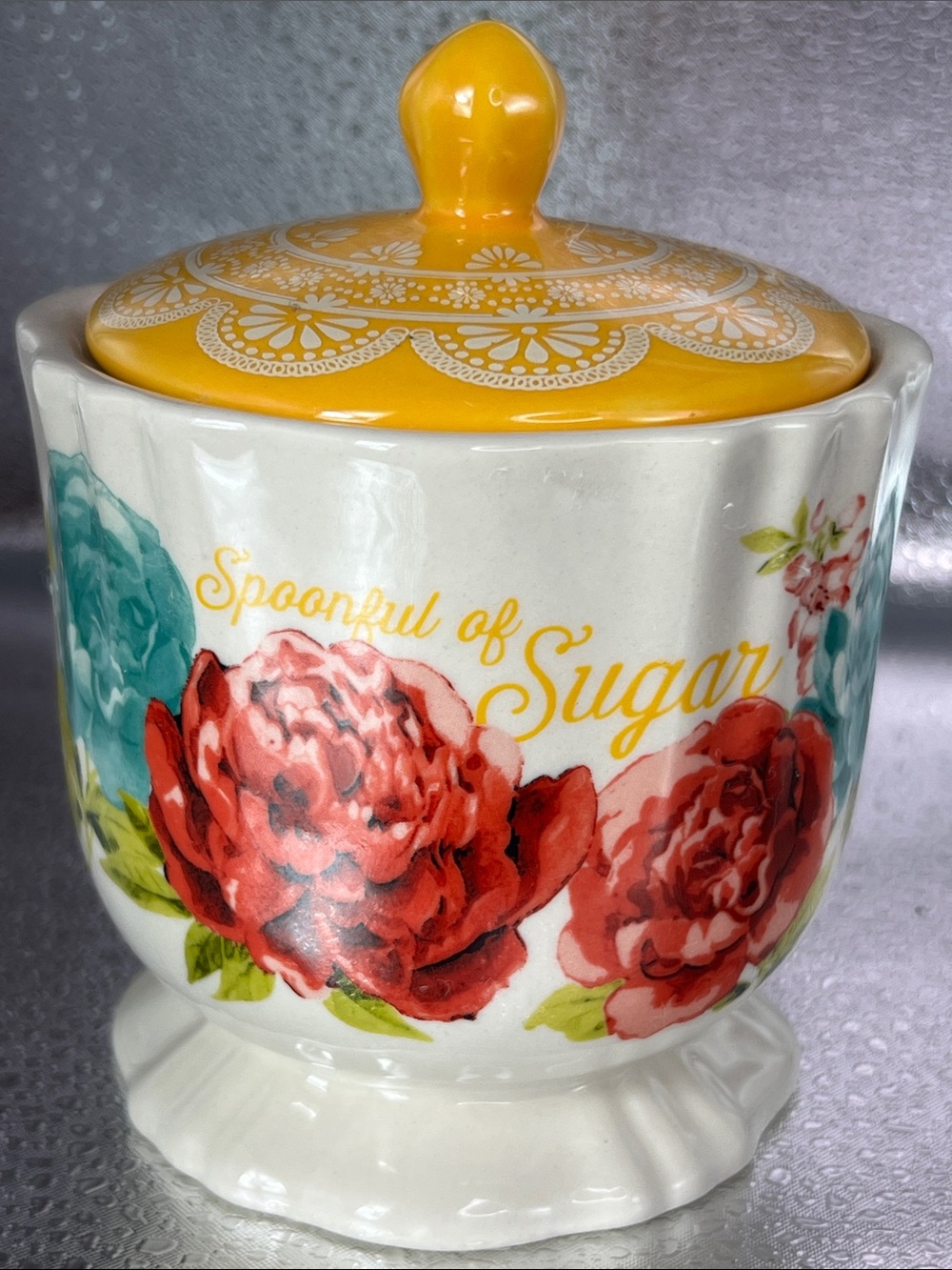 The Pioneer Woman White Ceramic Sugar Jar with Yellow Lid and Red Floral Design